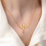 Personalised Electrocardiogram Heart Birthstone Necklace with Monogram Dainty Jewellery Birthday Anniversary Gift for Women