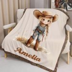 Personalised Cartoon Cowboy Cowgirl Tassel Soft Throw Blanket with Name Home Decor Birthday Gift for Kids Cowboy Lovers