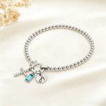 Personalised Cross Birthstone Beaded Bracelet with Initial Charm Christian Faith Jewellery Birthday Mother's Day Gift for Women