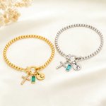 Personalised Cross Birthstone Beaded Bracelet with Initial Charm Christian Faith Jewellery Birthday Mother's Day Gift for Women