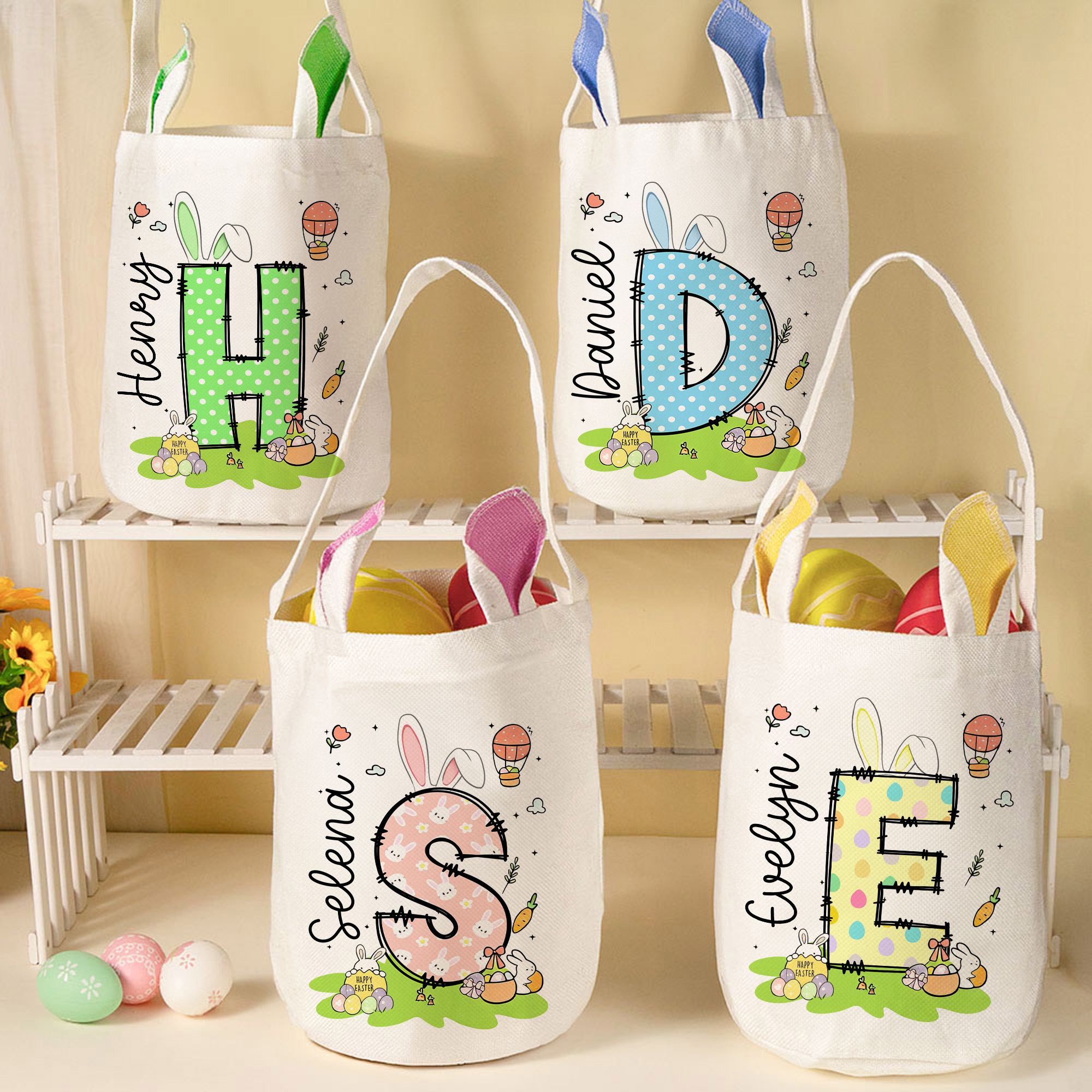 Personalisierte Osterhase Karotteneier große Kapazität Korb mit Namen und Initialen Ostereier Jagd Party Favors Geschenk für Jungen Mädchen