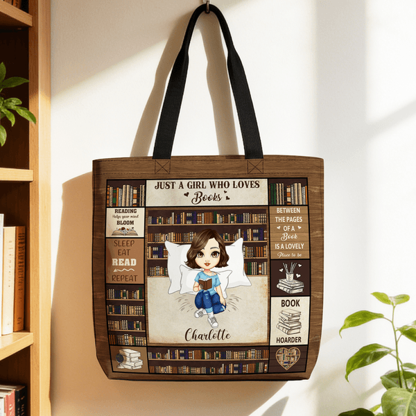 Personlig Cartoon Reading Character Stor Tote Bag med namn Daglig användning Resa Essential Födelsedag Jubileum Present för kvinnor