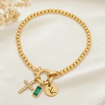 Personalised Cross Birthstone Beaded Bracelet with Initial Charm Christian Faith Jewellery Birthday Mother's Day Gift for Women