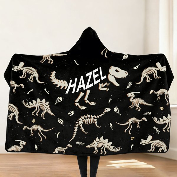 Personalised Dinosaur Fossil Soft Hooded Blanket with Name Daily Use Birthday Gift for Kids Teenagers Boys