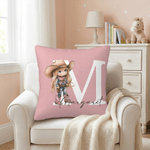 Personalised Cartoon Cowboy Cowgirl Soft Cushion Cover with Name and Initial Home Decor Birthday Gift for Boys Girls