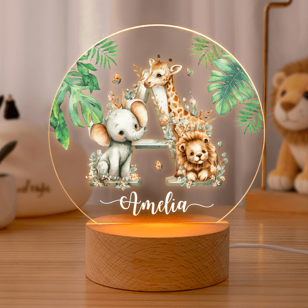 Veilleuse LED personnalisée avec animal de forêt mignon en dessin animé initiale et nom - Cadeau anniversaire pour enfants