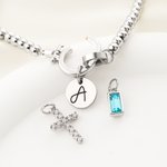 Personalised Cross Birthstone Beaded Bracelet with Initial Charm Christian Faith Jewellery Birthday Mother's Day Gift for Women