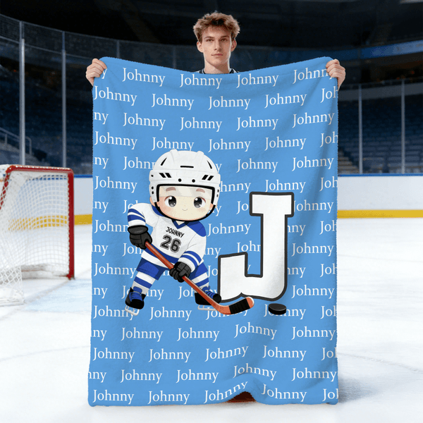 Personalized Cartoon Ice Hockey Player Soft Throw Blanket with Name and Number Home Decor Fan Events Team Gift for Ice Hockey Players Lovers