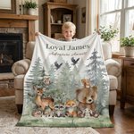 Personalised Watercolor Forest Animals Soft Throw Blanket with Name and Text Home Decor Birthday Gift for Kids