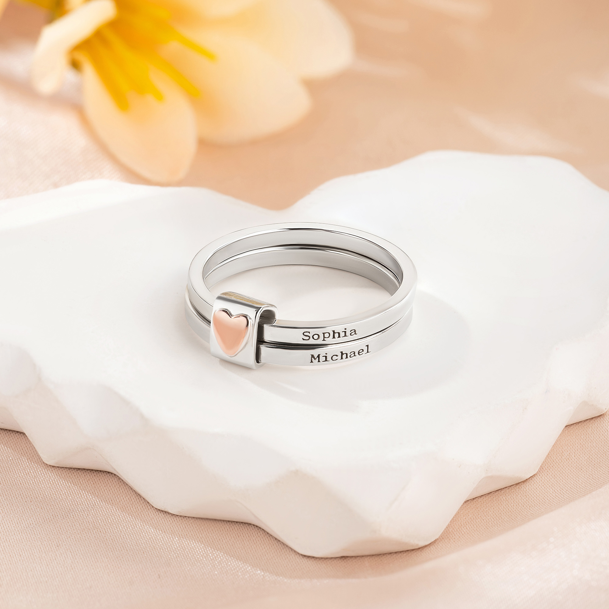 Personalized Sterling Silver Heart Stacking Rings with Engraved Couple Names Valentine's Day Anniversary Birthday Gift for Girlfriend Wife