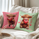 Personalised Cute Love Heart Highland Cow Soft Cushion Cover with Name Home Decor Valentine's Day Birthday Gift for Family Friend Cow Lover