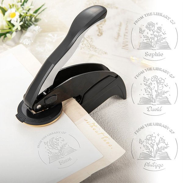 Personalised Birth Flower From The Library of Book Embosser Stamp Hand Held Embosser Set with Text and Name Birthday Gift for Book Lovers