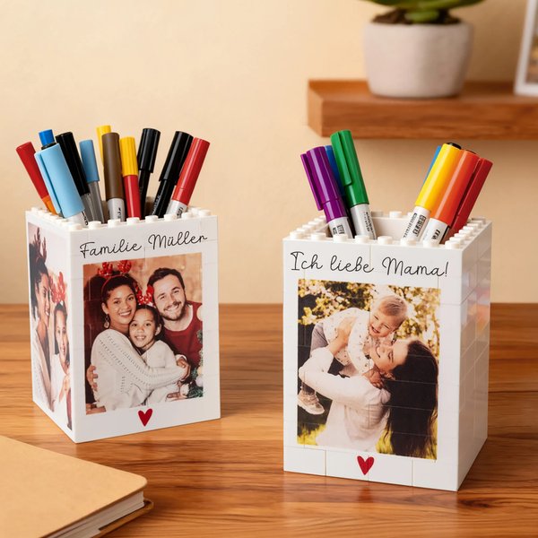 Personalisierter Stiftehalter mit Foto-Bausteinen und Text – Schreibtischdeko Geschenk zum Geburtstag und Jahrestag für Paare, Freunde und Familie