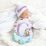 Personalized Flower Wreath Animals 100% Cotton Watercolour Swaddle Blanket and Hat Set with Name Birthday Baby Shower Gift for Newborns