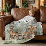 Personalised Watercolor Forest Animals Soft Throw Blanket with Name and Text Home Decor Birthday Gift for Kids