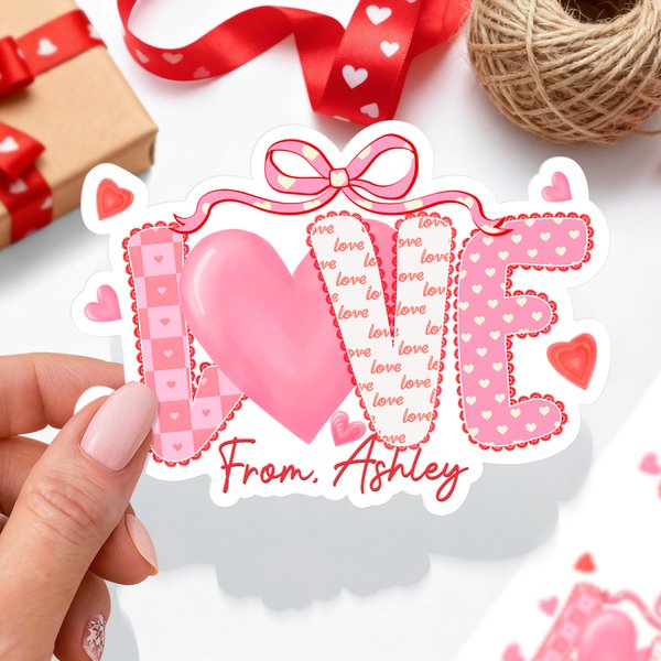 Personalized Love Bow Heart Pink Sticker with Text Daily Use Valentine's Day Gift for Girlfriend Wife