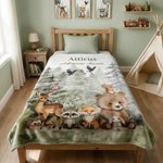 Personalised Watercolor Forest Animals Soft Throw Blanket with Name and Text Home Decor Birthday Gift for Kids