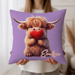 Personalised Cute Love Heart Highland Cow Soft Cushion Cover with Name Home Decor Valentine's Day Birthday Gift for Family Friend Cow Lover