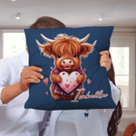 Personalised Cute Love Heart Highland Cow Soft Cushion Cover with Name Home Decor Valentine's Day Birthday Gift for Family Friend Cow Lover