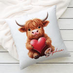 Personlig søt kjærlighetshjerte Highland Cow Soft Throw Pillow Cover med navn Home Decor Valentine's Day Bursdagsgave til familievenn Cow Lover