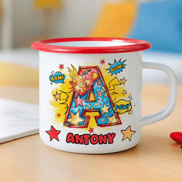 Personalised Comic Initial Multicolor 12 oz Enamel Mug with Name Birthday Back to School Gift for Kids