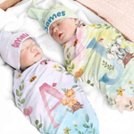 Personalized Flower Wreath Animals 100% Cotton Watercolor Swaddle Blanket and Hat Set with Name Birthday Baby Shower Gift for Newborns