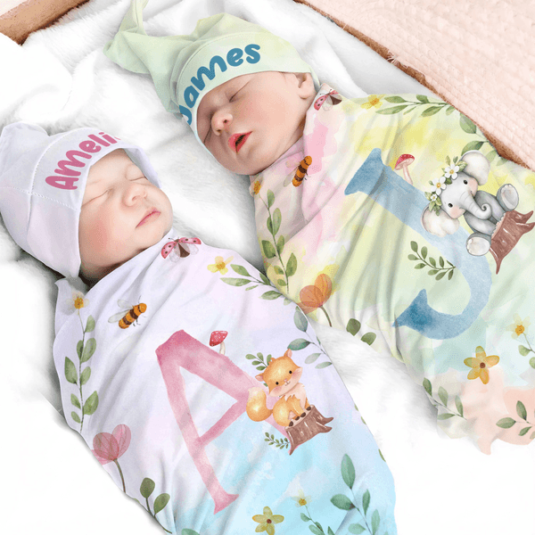 Coperta personalizzata con corona di fiori e animali 100% cotone acquerellato e set di cappelli con nome Regalo di compleanno per la festa del bebè per i neonati