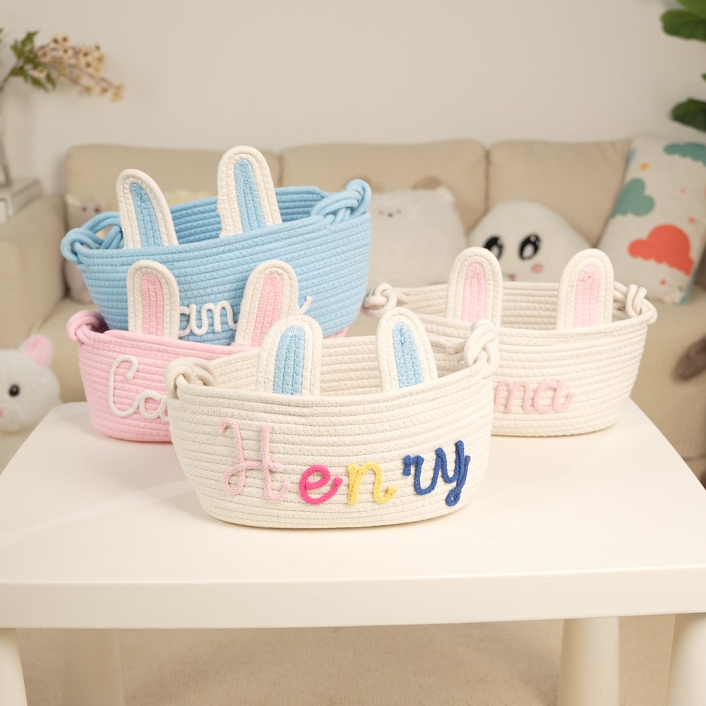 Cestino portaoggetti personalizzato con orecchie da coniglietto in cotone 100% con nome Regalo di festa, compleanno e festa per bambini. 2