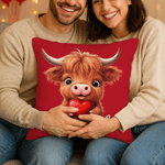 Personalised Cute Love Heart Highland Cow Soft Cushion Cover with Name Home Decor Valentine's Day Birthday Gift for Family Friend Cow Lover