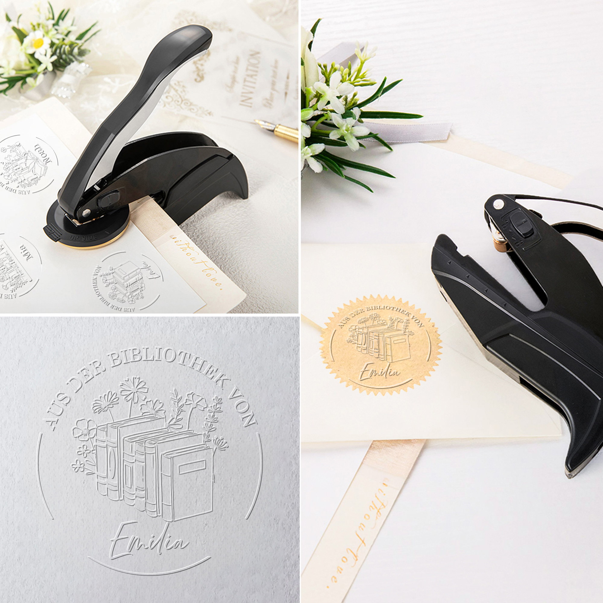 Personalisierter Prägestempel mit Blumen- und Buchmotiv Namen Text Aufbewahrungstasche Geburtstag Geschenk für Bücherliebhaber Leseratten