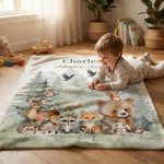 Personalised Watercolor Forest Animals Soft Throw Blanket with Name and Text Home Decor Birthday Gift for Kids