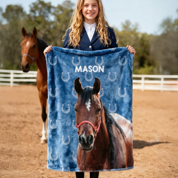 Personalised Painted Horse Photo Horseshoe Print Multicolor Soft Throw Blanket with Name Home Decor Birthday Gift for Horse Lovers