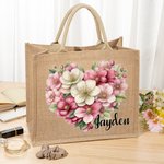 Personalised Heart Flower Reusable Jute Tote Bag with Name Travel Accessories Valentine's Day Anniversary Gift for Women Girls