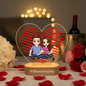 Personalizado de dibujos animados de personajes de la pareja del corazón de acrílico LED Luz de noche con nombre y base de madera Decoración para el hogar Día de San Valentín Aniversario de regalo par