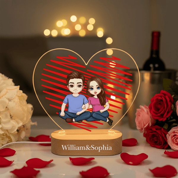 Personalizado de dibujos animados de personajes de la pareja del corazón de acrílico LED Luz de noche con nombre y base de madera Decoración para el hogar Día de San Valentín Aniversario de regalo par