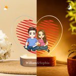 Personalizado de dibujos animados de personajes de la pareja del corazón de acrílico LED Luz de noche con nombre y base de madera Decoración para el hogar Día de San Valentín Aniversario de regalo par