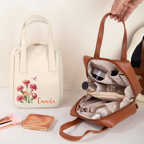 Personalised Watercolor Birth Flower Name Portable PU Leather Makeup Bag with Handle Travel Accessories Birthday Gift for Women Girls