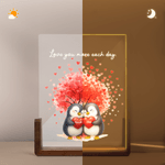 Spersonalizowana lampka nocna LED Love Tree Cute Penguin z imieniem, datą i drewnianą podstawą do dekoracji domu Walentynkowy prezent rocznicowy dla par