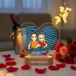 Personalizado de dibujos animados de personajes de la pareja del corazón de acrílico LED Luz de noche con nombre y base de madera Decoración para el hogar Día de San Valentín Aniversario de regalo par