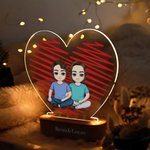 Personalizado de dibujos animados de personajes de la pareja del corazón de acrílico LED Luz de noche con nombre y base de madera Decoración para el hogar Día de San Valentín Aniversario de regalo par