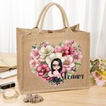 Personalised Heart-shape Flower Cartoon Character Jute Tote Bag with Name Valentine's Day Gift for Friend Family