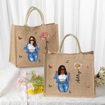 Personalized Cartoon Fashion Girl Birth Flower Large Jute Tote Bag with Name Travel Essential Birthday Gift for Women