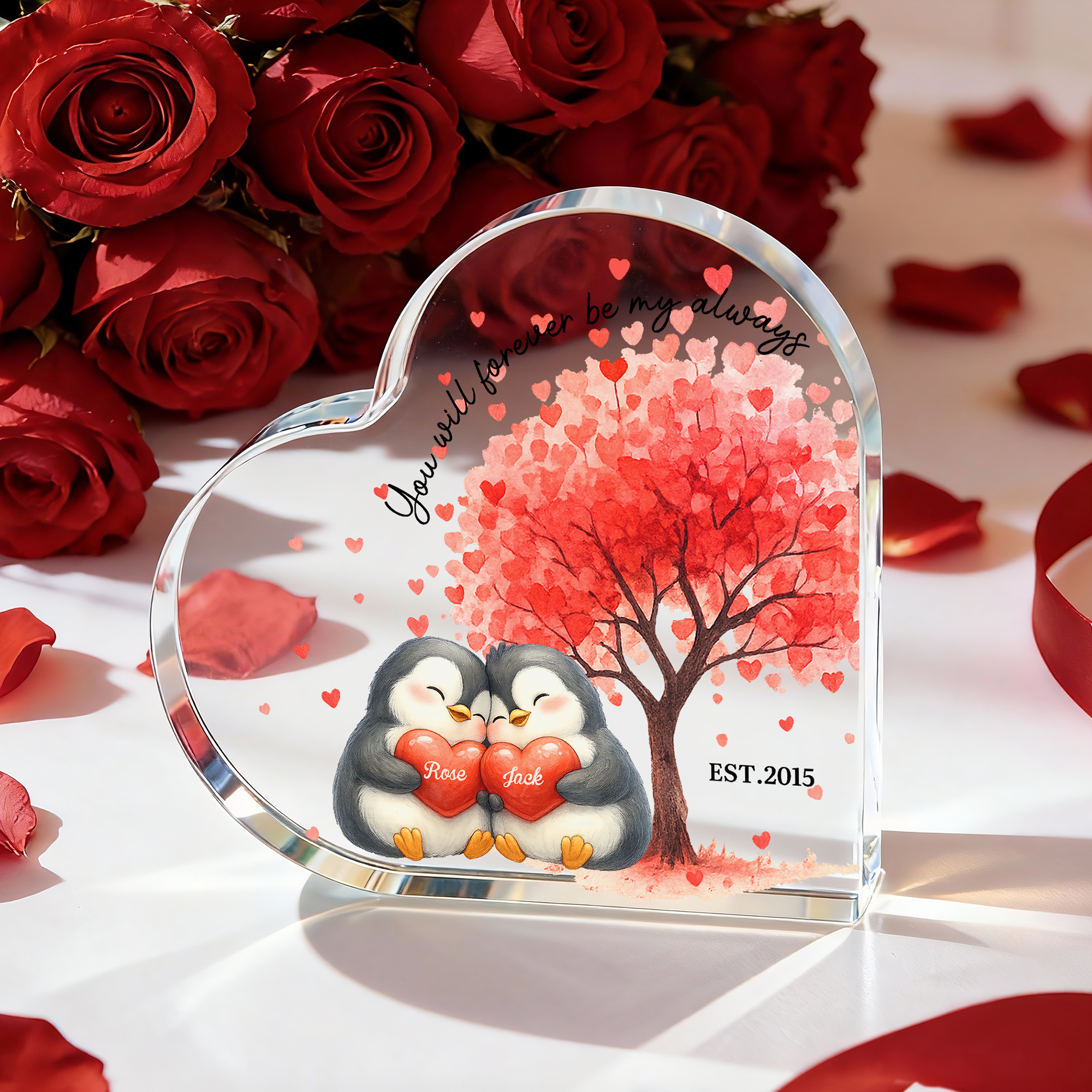 Personalisierte Liebe Baum niedlichen Pinguin Herz Acryl Plaque mit Namen und Datum Home Decor Valentinstag Jahrestag Geschenk für Paare