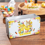 Gepersonaliseerde schattige Bunny paaseieren voedselkwaliteit metalen koekjes trommel opbergdoos met naam paasgeschenk voor familie kinderen