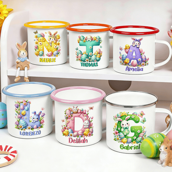 Personalised Easter Egg Cartoon Rabbit Flowers Initial Multicolor 12 oz Enamel Mug with Name Easter Birthday Gift for Boys Girls
