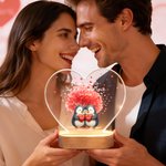 Personalised Cartoon Couple Penguin Heart Acrylic LED Night Light with Title and Wooden Base Home Decor Valentine's Day Anniversary Gift for Couple