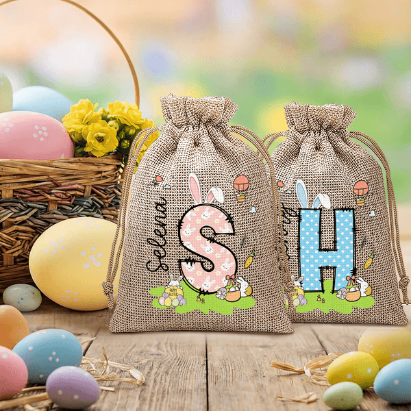 Gepersonaliseerde schattige Bunny initiaal paaseieren koord snoep cadeauzakje met initiaal en naam paasvakantie feest cadeau voor jongens meisjes