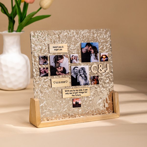 Personalizado en forma de corazón 9 Fotos Collage acrílico Ripple Marco con base de madera Decoración de escritorio Día de San Valentín Aniversario de regalo para la pareja