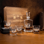 Personalized Bonfire Campervan Whiskey Decanter 2 Glasses Wooden Box Set with Engraved Name Father's Day Birthday Gift for Father Friends Bartenders