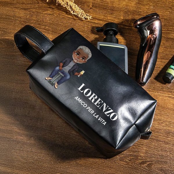 Borsa da toilette personalizzato in pelle PU con personaggio, nome e testo, accessorio da viaggio  - Regalo per uomini